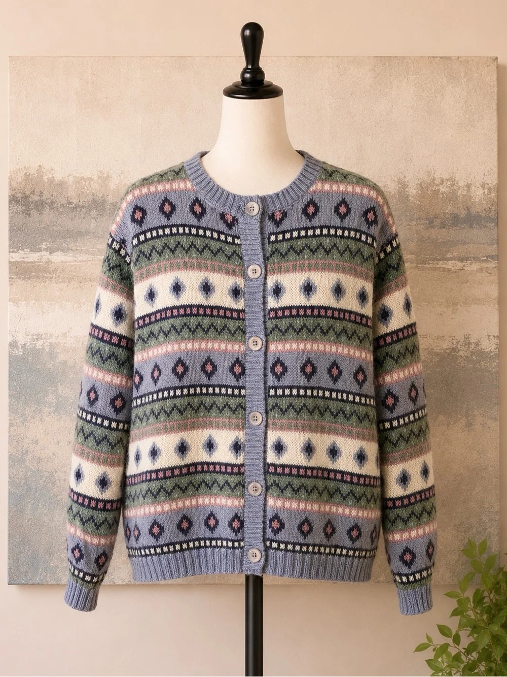 L.L.Bean Fair Isle Wool Blend Cardigan Sweater Lavender Nordic Cottagecore Y2K M